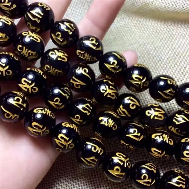 50/100Pcs Feng Shui Obsidian Stone Beads Mantra Round Loose Beads 8 10 12 14MM For Jewelry Making Diy Pendant Necklace Bracelets