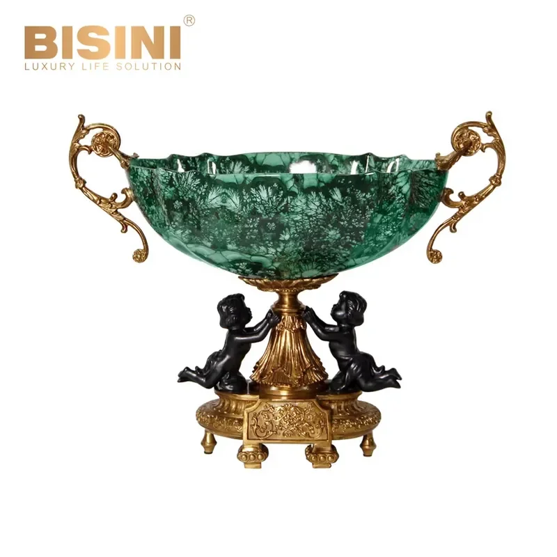 Exquisite French Style Green Malachite Porcelain with Copper Fresh Fruit Dish Platter Decorative Fruit Plate with Handles