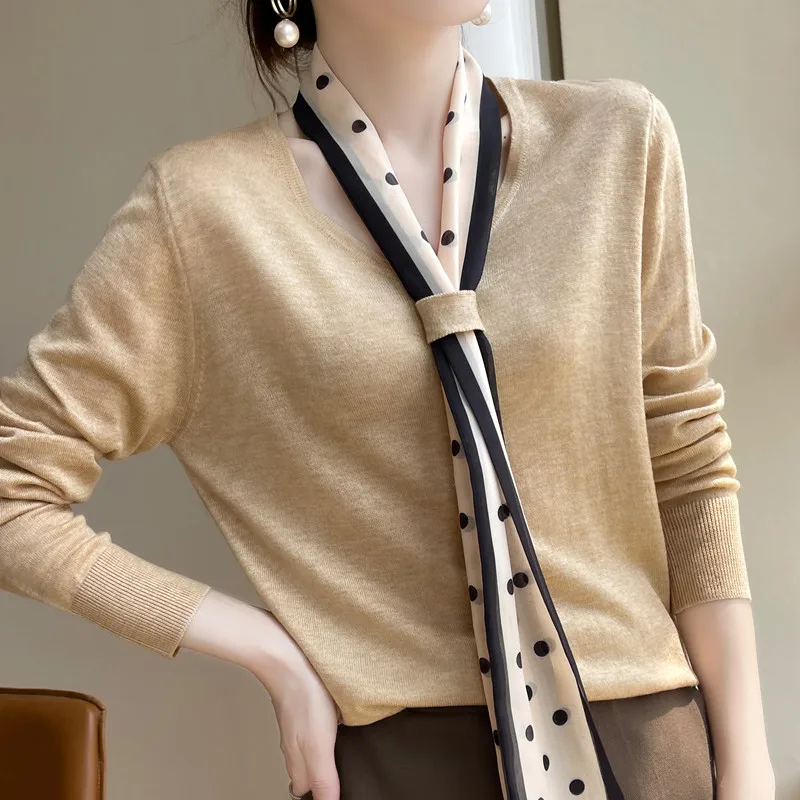 Polka Dot Ribbon Beautiful Long Sleeve Shoulder Wool Knitted T-shirt Bottoming Shirt Ladies Temperament Spring V-Neck Shirt