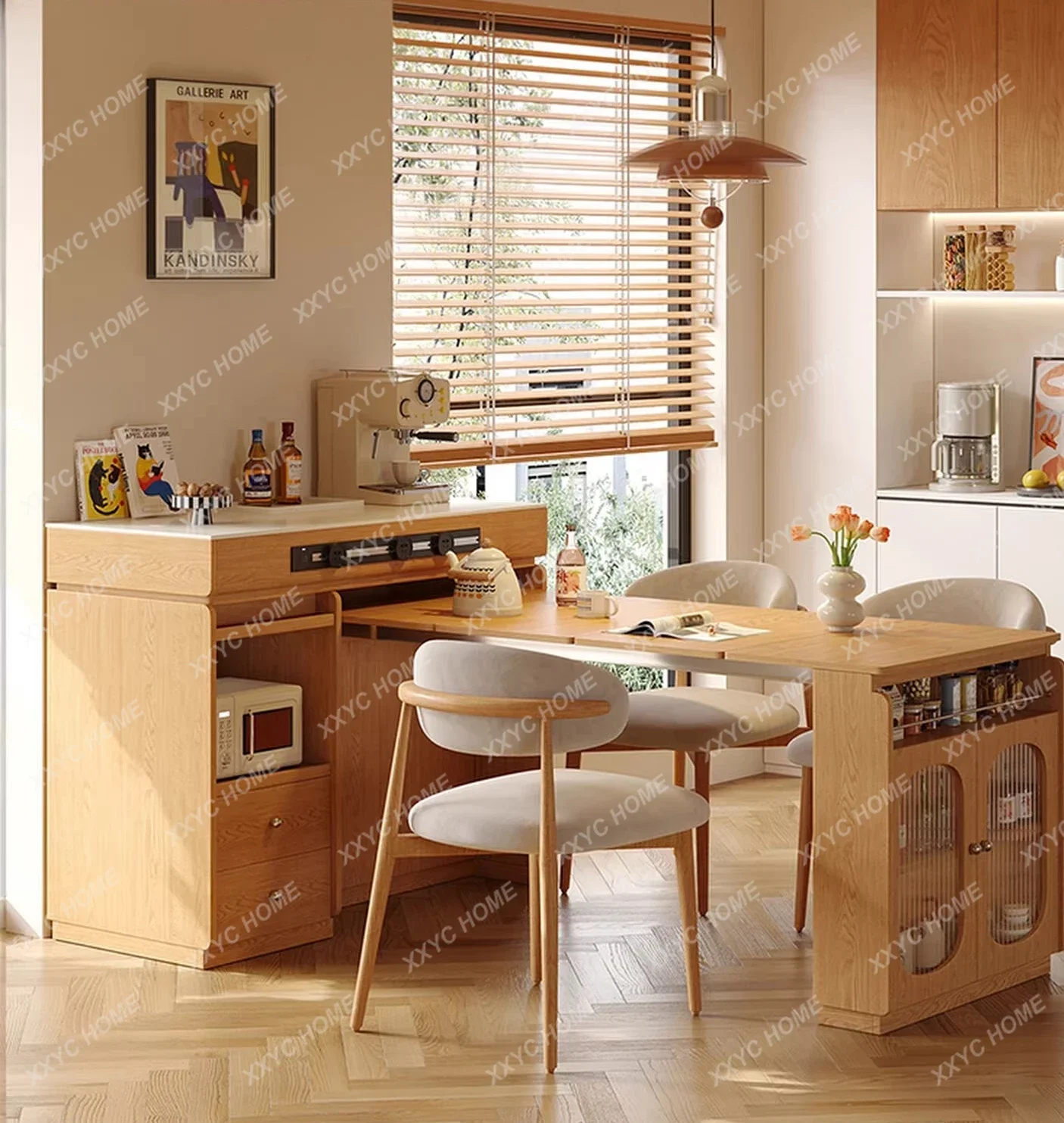 cqy Extendable wooden dining table with integrated panel - compact home style, natural wood finish