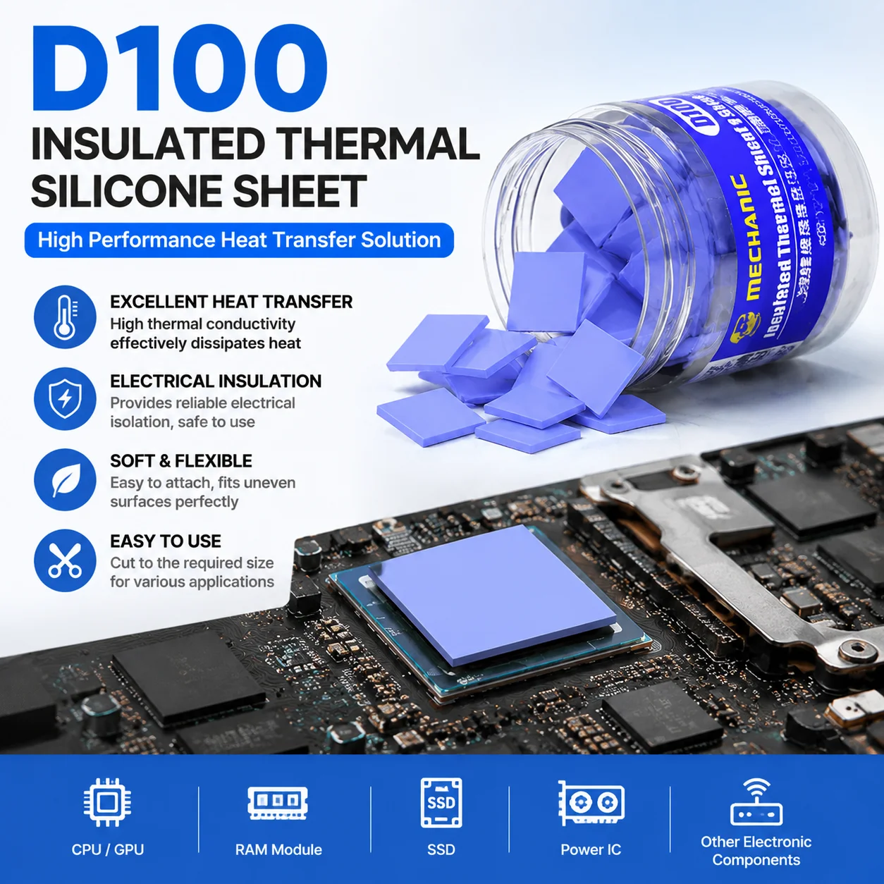 MECHANIC D100 100pcs Thermal Pad High Conductivity Silicone Insulation Sheet for PCB Motherboard IC Chip Repair