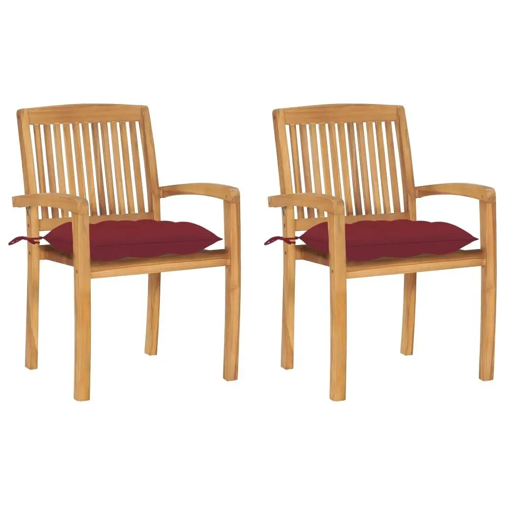 

Wine Red Cushion Patio Chair Set of 2 Natural Wood Outdoor Seating Garden Furniture