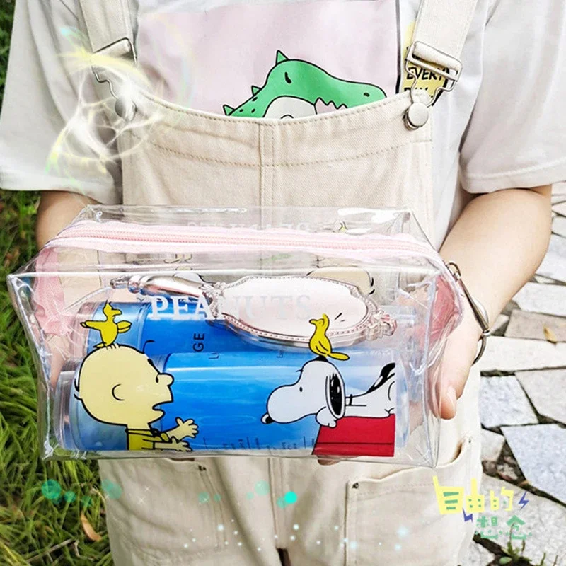 Snoopy Transparent Waterproof Big Pencil Case PVC Stationery Gift Girl Students Pencil Bag Kawaii Makeup Cosmetic Bag Travel Bag