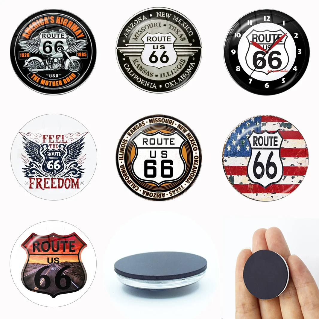 Route 66 Sign Fridge Magnet 30MM Glass Cabochon Magnetic Refrigerator Stickers Note Holder Home Decor Travel Gifts