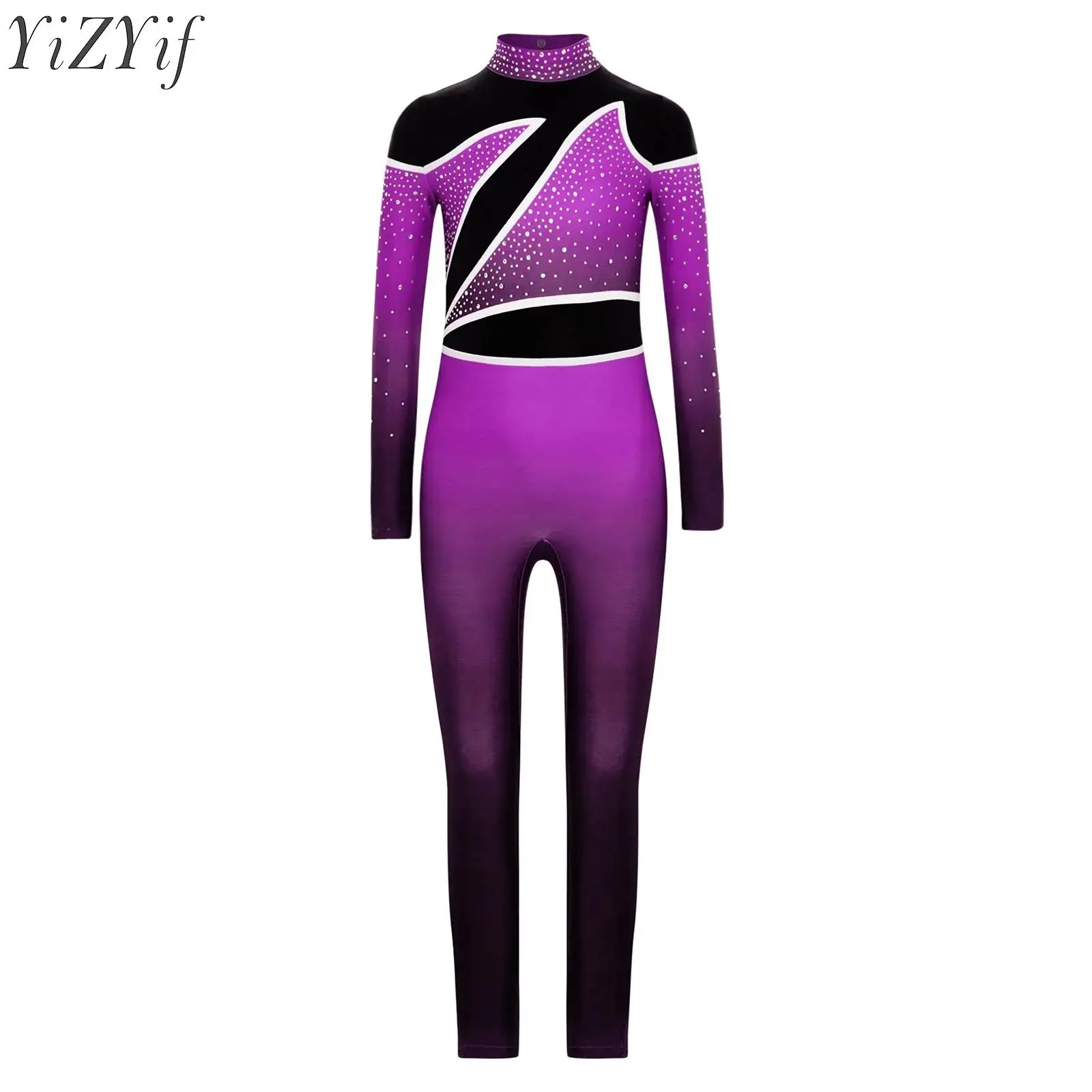 

Kids Girls Ballet Gymnastics Jumpsuit Figure Skating Modern Contemporary Dancewear Long Sleeve Keyhole Back Rhinestones Bodysuit