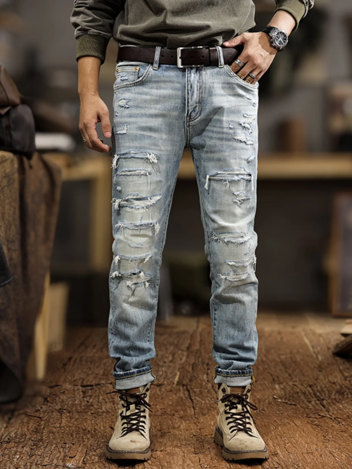 

Мужские джинсы в стиле ретро с пэчворком, выцветшие, с дырками, прямого кроя, повседневные, универсальные, износостойкие, из хлопкового стрейч-денима, со средней посадкой, на молнии