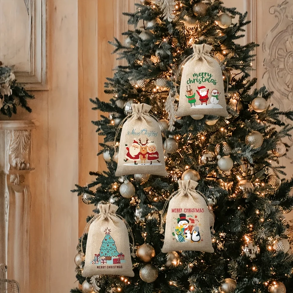 8/24 قطعة حقائب هدايا مع أربطة، حقائب عيد الميلاد من الكتان بنمط مختلط لمستلزمات حفلات عيد الميلاد وعطلات رأس السنة الجديدة