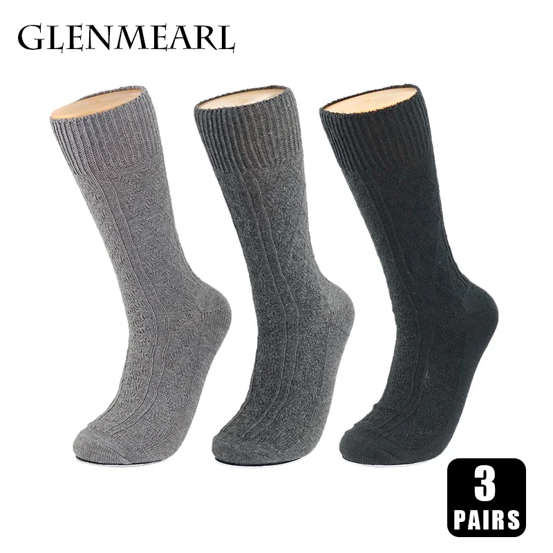 3 Pairs Men\'s High Quality Combed Cotton Socks Business Diamond Simple Fashion Solid Color Winter knitting Warm Long Socks