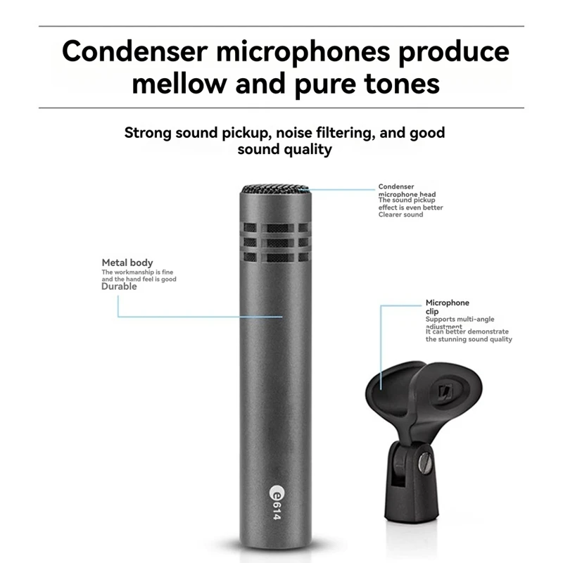 E614 Condenser Instrument Microphone Drum Shaped Instrument Megaphones with Clamp Mount Mic for Stage Performance-A74P