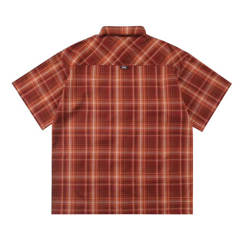 Harajuku Summer Letter Eembroidery Short Sleeve Plaid Shirt for Men Patchwork Short Sleeve Baggy Checkered Top Tees Oversized