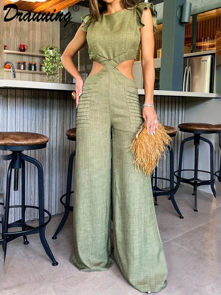 

D​rauuing Elegant Side Cut Out Jumpsuit Women Sleeveless Backless Wide Pant Jumpsuit Women Skinny Fashion Playsuit