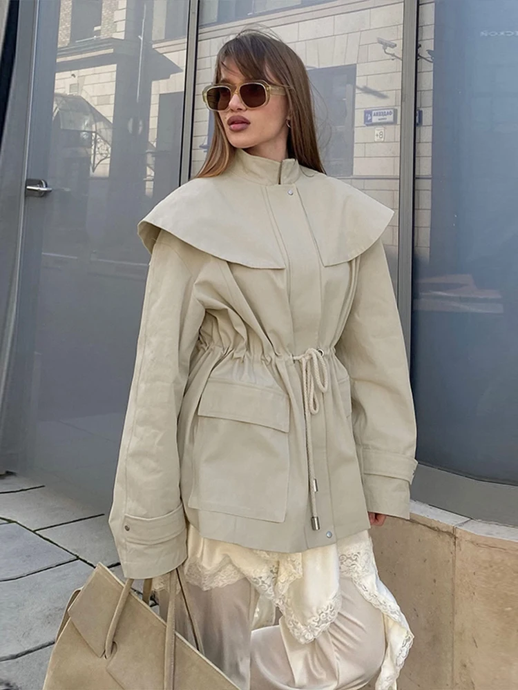 Femmes col bateau ceinture coupe-vent décontracté solide fermeture éclair poche veste ample 2025 automne dame quotidien banlieue vêtements d'extérieur