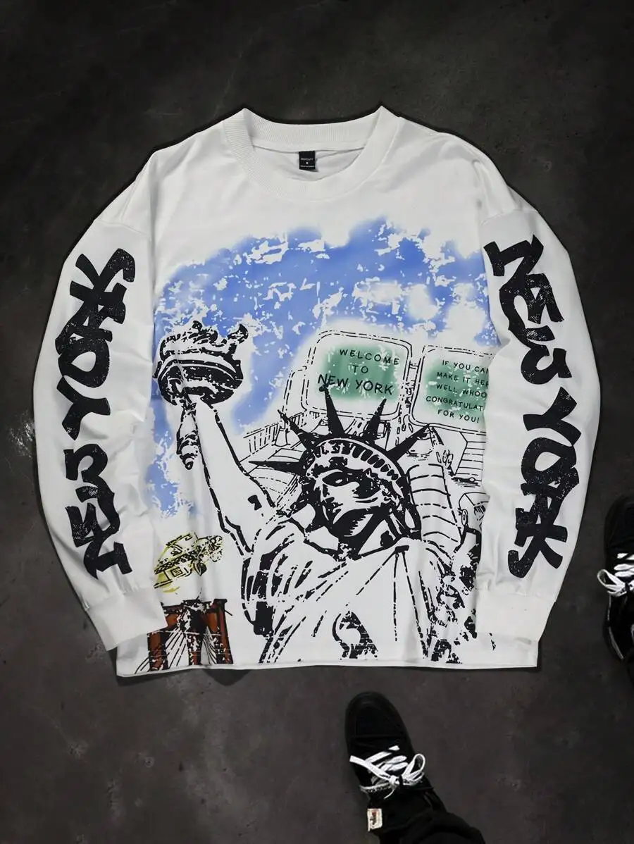 

Men's Graphic Print Long Sleeve Tee with Urban Sky Design, Casual Fall Wear