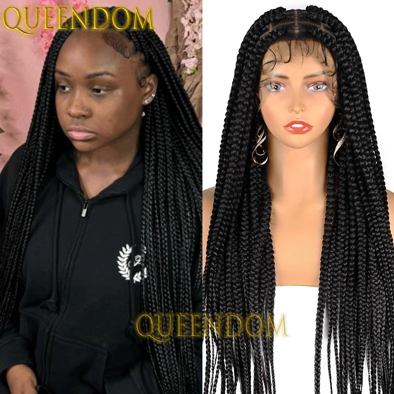 Wig dewi kepang sintetis 36 inci kotak Jumbo renda penuh Wig tertekan untuk WANITA HITAM tanpa simpul Wig kepang Cornrow