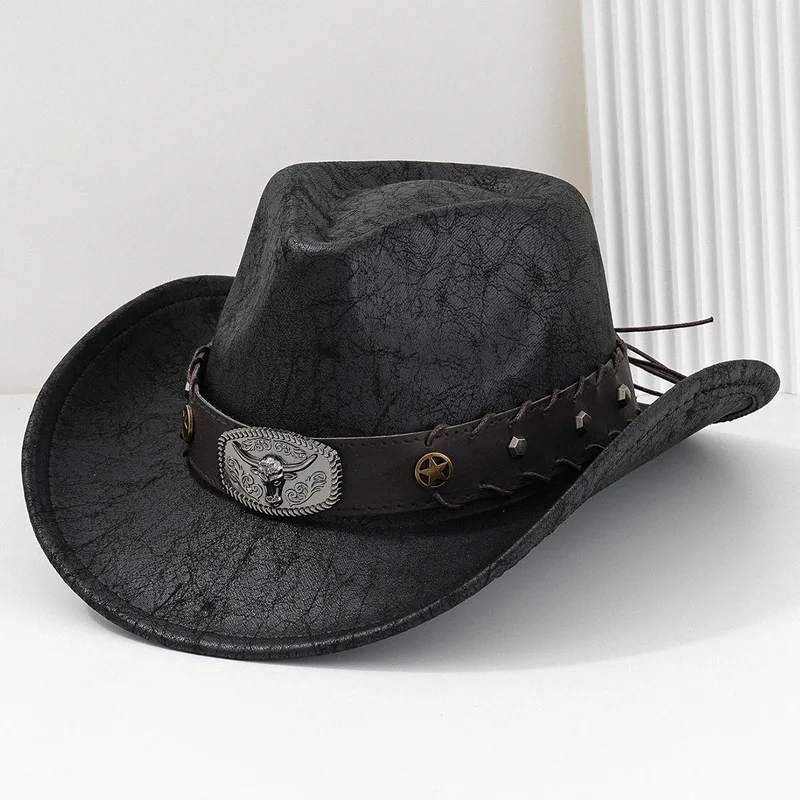 Unisex PU leather Y2k style cowboy hat with metal three-dimensional bull head star-studded belt for parties and festivals