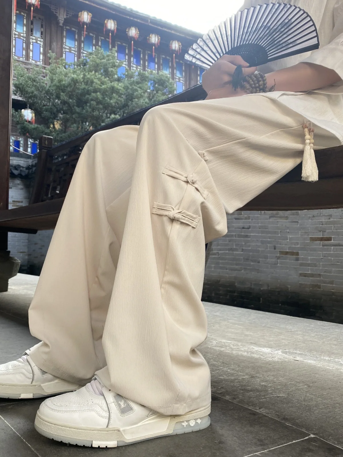 New Chinese style disc button pants men's summer new high-grade sag loose straight wide leg casual pants