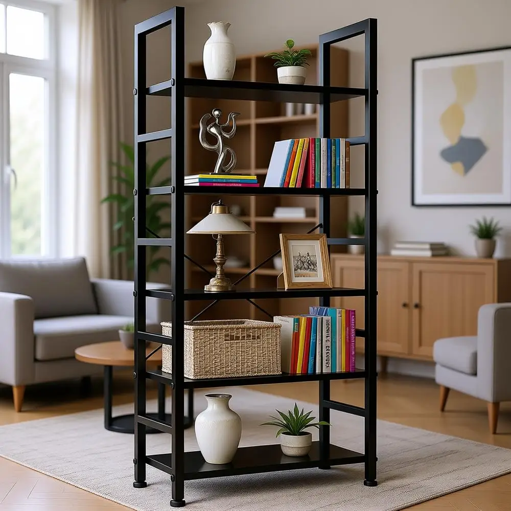 

5-уровневый деревянный книжный шкаф с металлическим каркасом, открытые полки для хранения, высота 62,2, черный для домашнего офиса или гостиной