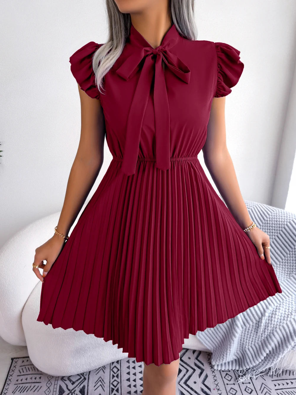 Women Summer Elegant Bow Ruffles Short Sleeve Pleated Dress