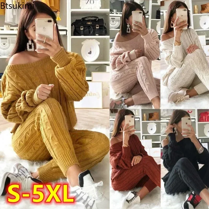 Plus Size 4XL 5XL Womens Outfits Autumn Winter Tracksuit Set Knitted Sweater and Pants Two Piece Set Women Sweater Pants Sets