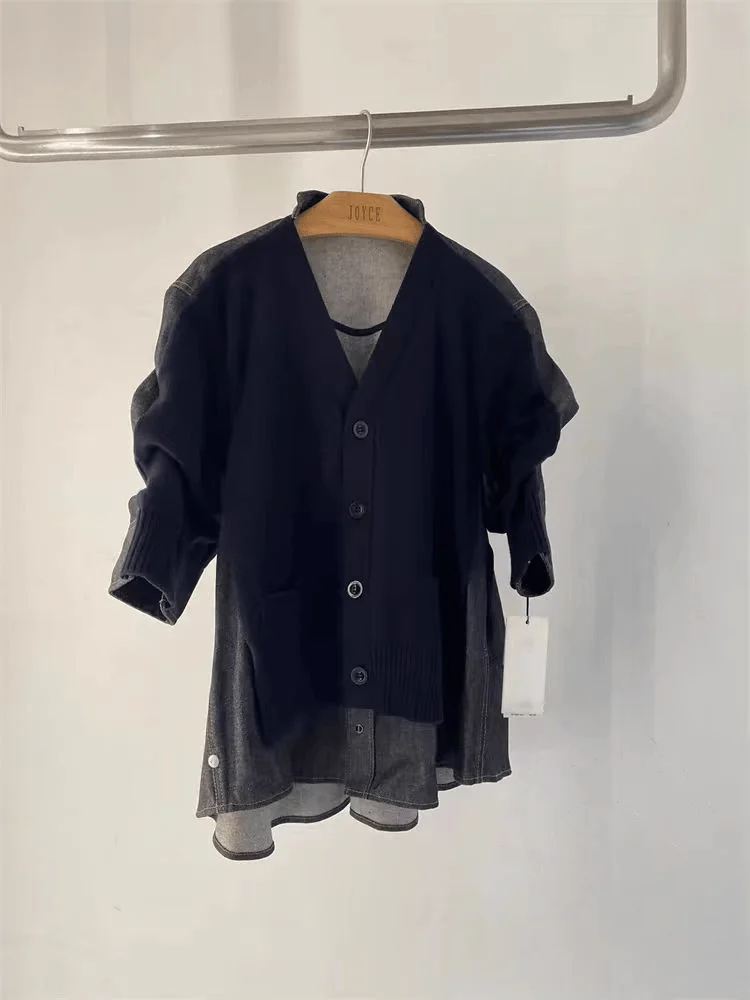 FOG SACAI Otoño 2024 Nuevo cárdigan abierto de punto con un solo botón y cuello en V de mezclilla empalmado de cinco mangas d...