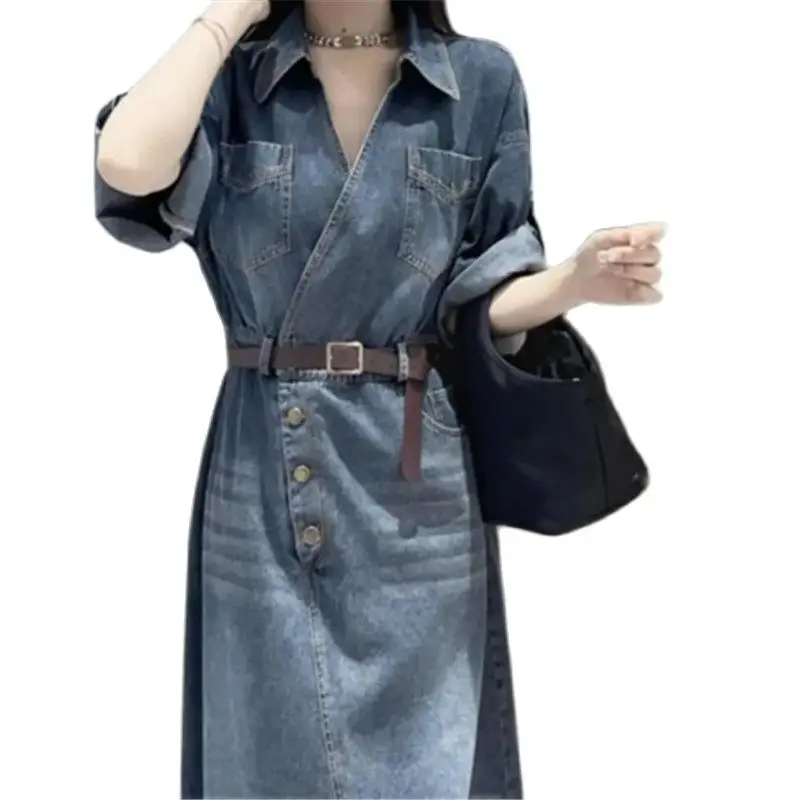 Spring Summer Mid-Long Denim Dress Women 2023 New Fashion Pure Colour V-Neck Casual Split Skirt Short Sleeves Dresses Female