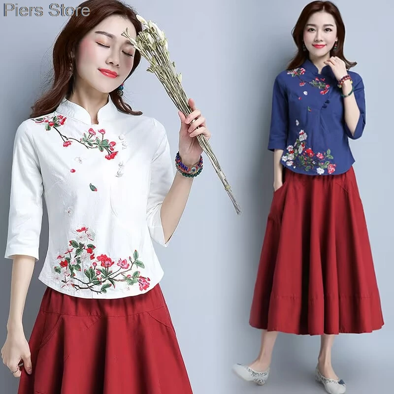 

Новинка 2025, хлопково-льняная винтажная блузка Cheongsam, традиционная китайская чайная одежда, женский костюм с цветочной вышивкой, ханьфу, восточный костюм Тан