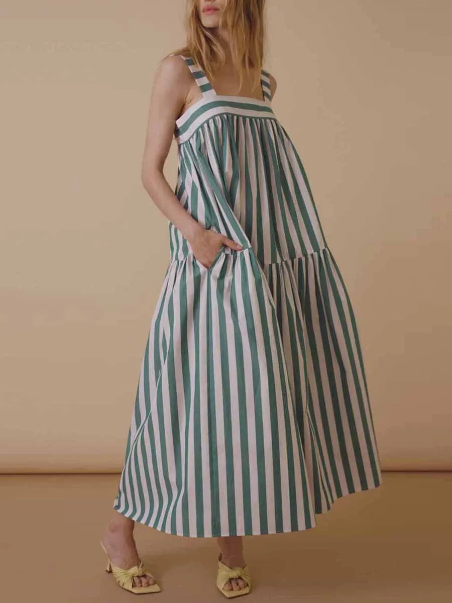 Women Striped Sleeveless Maxi Dresses Swing Cutout Midi Dress Open Back Large Hem Casual Boho Flowy Dress