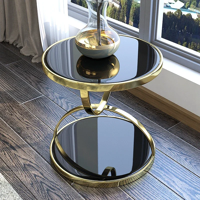 

Luxury Toughened Marble Glass Corner Table Living Room Marble Sofa Side Stainless Steel Gold Round Postmoder Furnitures