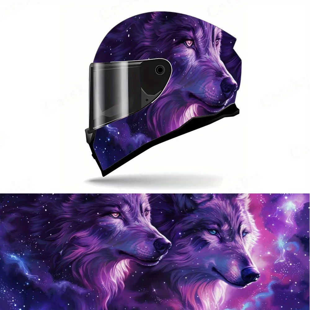 

Starry Sky and Enchanting Wolf Motif Motorcycle Helmet Decal, Self-adhesive Waterproof Helmet Vinyl Wraps Sticker, Universal Mot