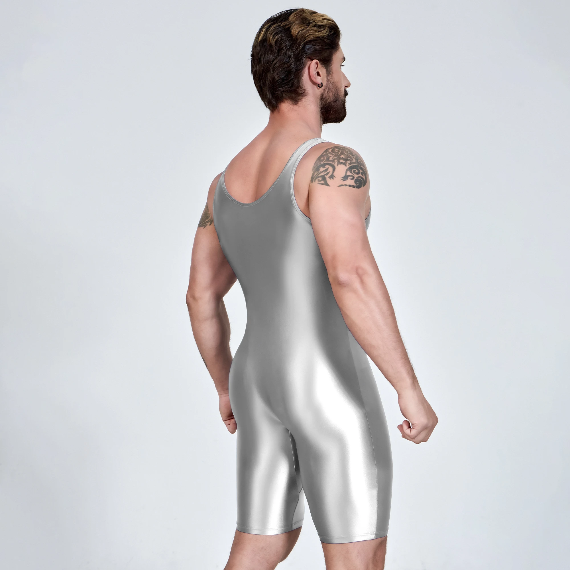 AMORESY Satin-glatter Herren-Jumpsuit, seidenglatter Surfanzug, Yoga-Sportbekleidung, Weste, fünfteiliger Jumpsuit – Detail 12