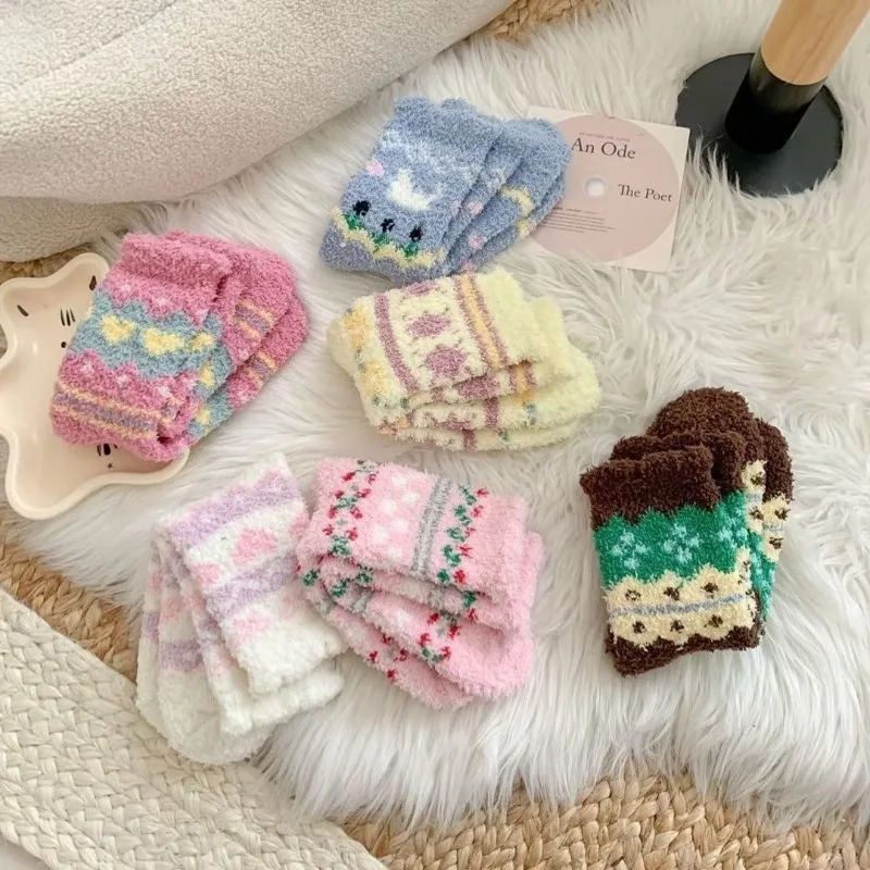 1/6 Pairs Autumn and Winter Couple Cute Furry Coral Thick Socks Sweet Retro Thick Soft Glutinous Women's Mid Tube Socks 2025