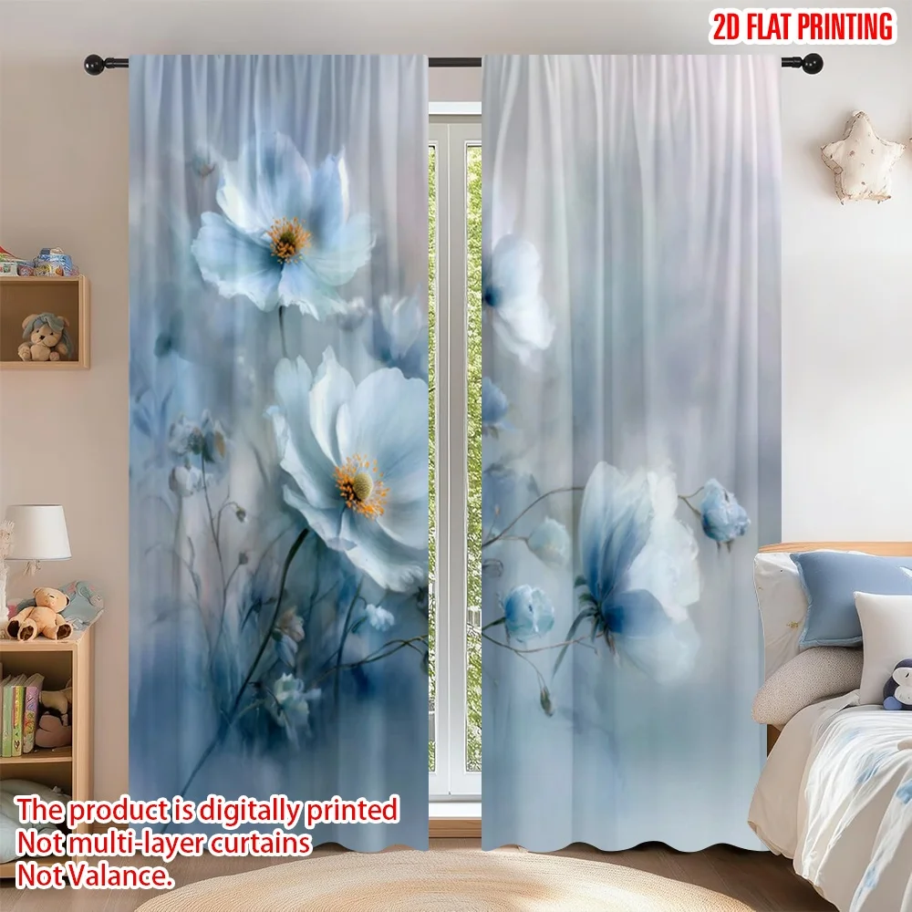 

2D flat printing 2pcs Curtain Party Window Curtains Elegant White Blossoms Digital Printed Polyester Drapes Festive Wall Decor
