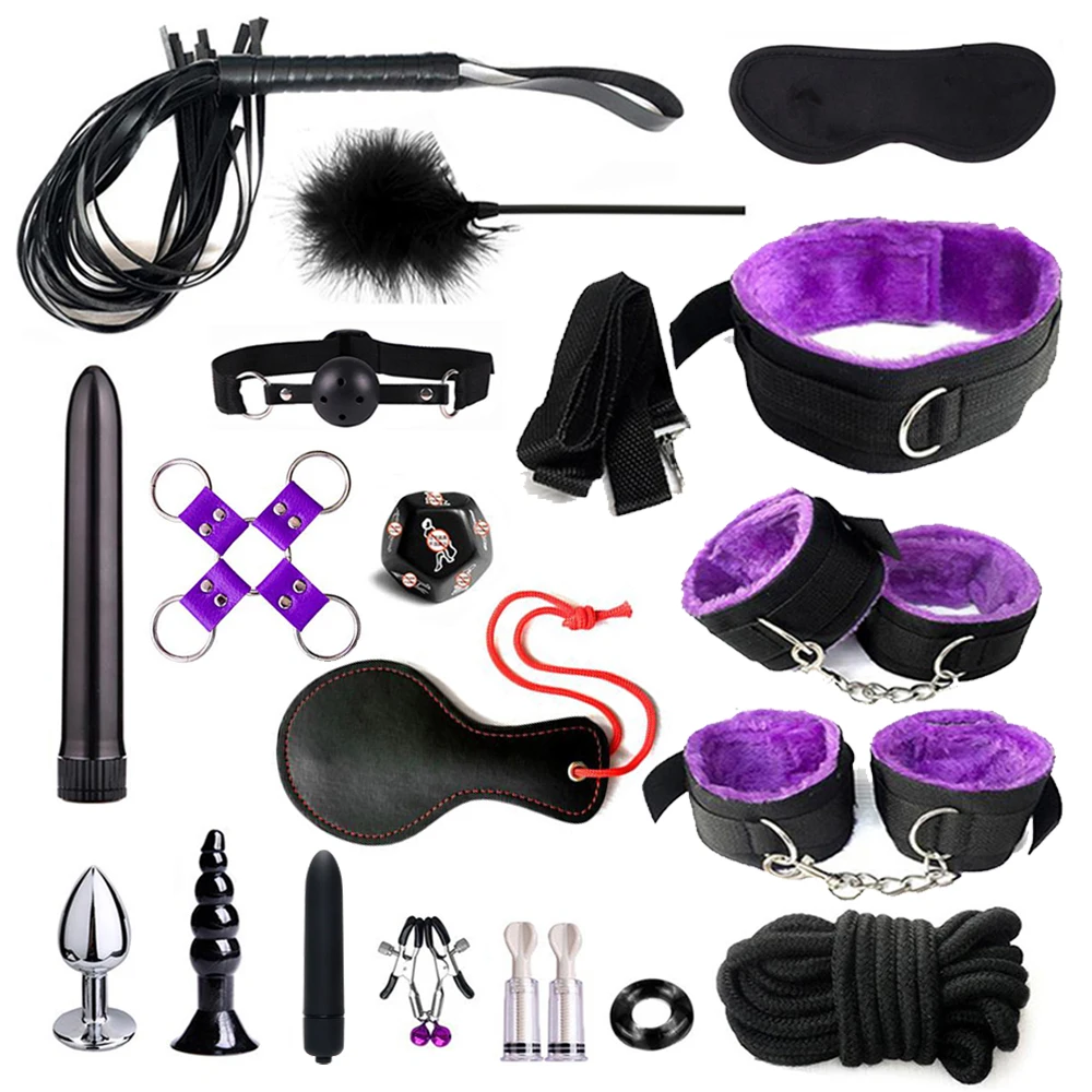 Fetish BDSM Bondage Erotic Toy Restraint Set Sex Toys For Women Handcuffs Whip Binding Anal Plug Vibrator Couple Sexy Tool 18