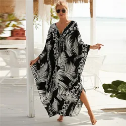 Damska sukienka plażowa Plus Size Animal Print V-Neck Batwing Kaftan Strój kąpielowy Cover-Up Loungewear