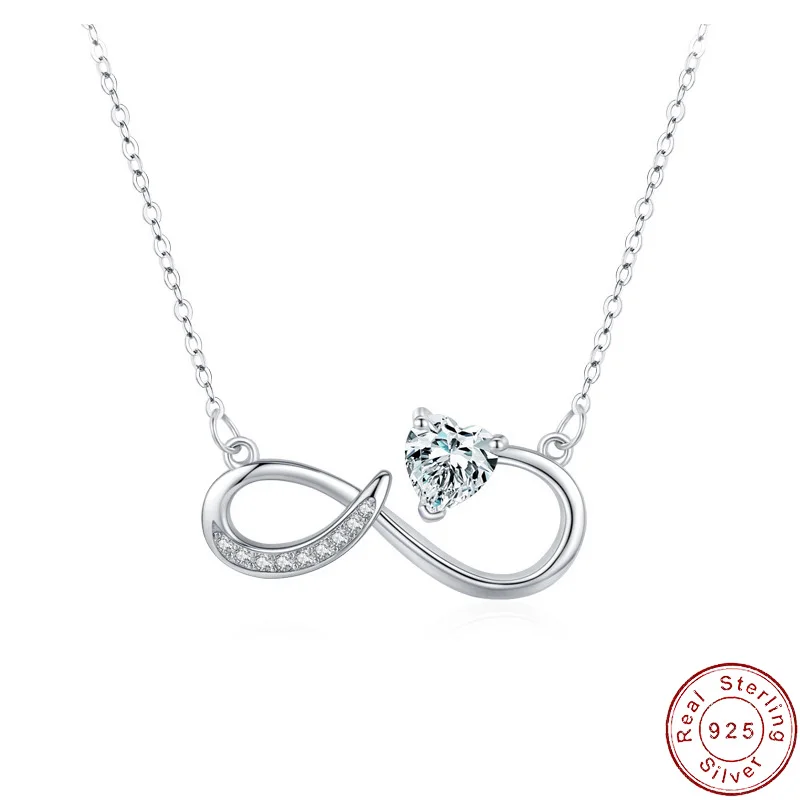 

European Sparkling AAA CZ Infinite Heart S925 Sterling Silver Necklace Clavicular Chain For Women Girl Birthday Gift Jewelry