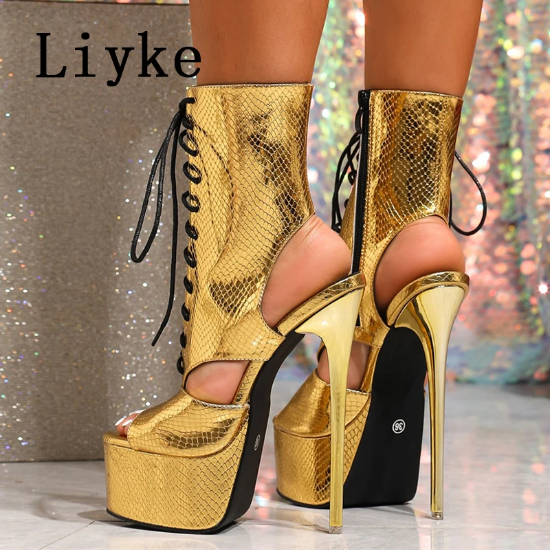 

Модные женские ботильоны Liyke Runway Fashion на платформе с вырезами и шнуровкой, сексуальные туфли с открытым носком на золотых высоких каблуках для стриптиза и танцев на пилоне, размер 42