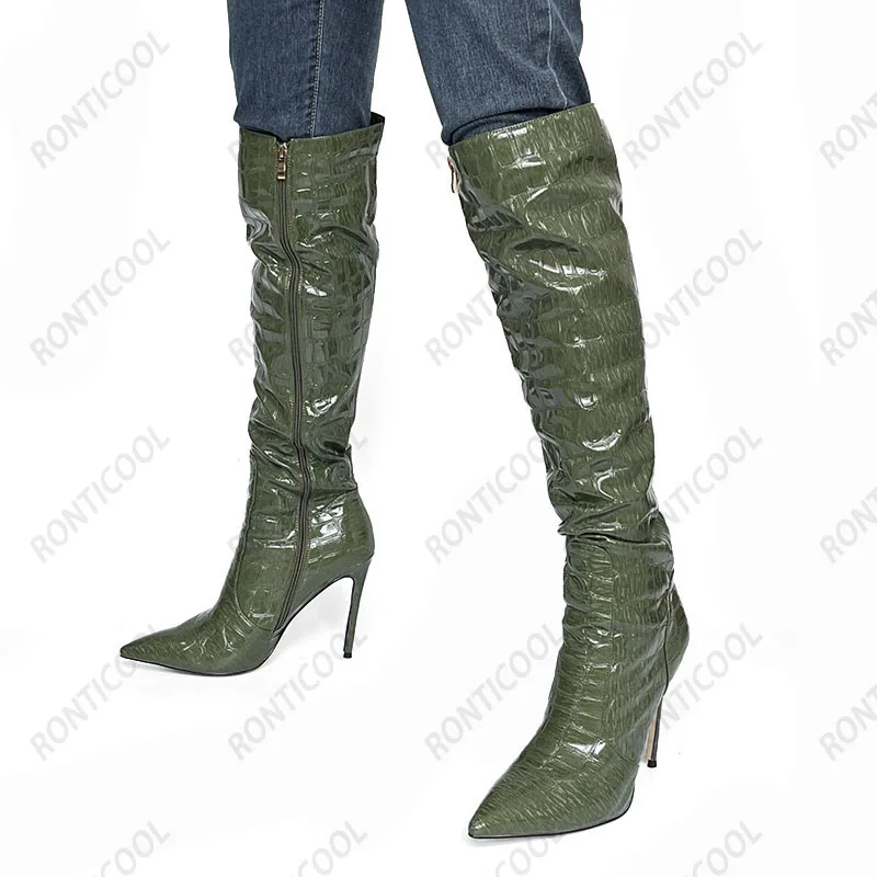 Ronticool Real Photos Women Winter Knee Boots Side Zipper Sexy Stiletto Heels Pointed Toe Green Night Club Shoes US Size 5-15