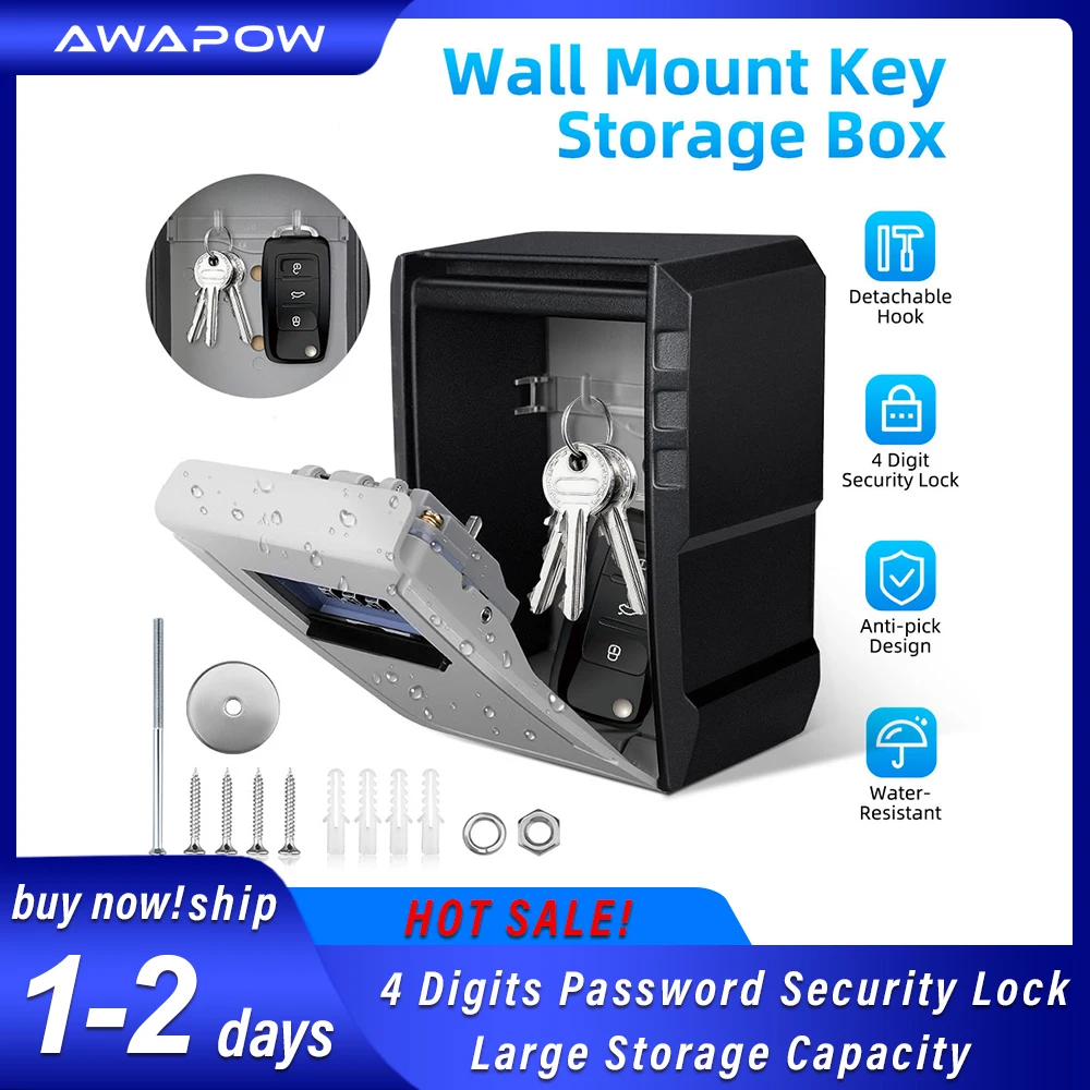 Awapow Metal Password Key Box Wall Mounted 4 Digits Password Storage Box Waterproof Anti Theft Safe Lock Large Capacity Keybox
