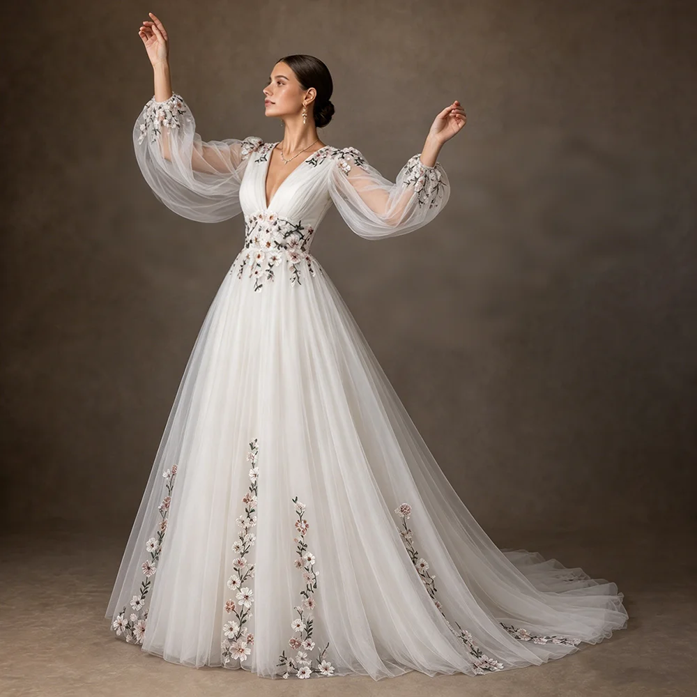 Long Bishop Sleeves A Line Colorful Wedding Dress V Neck Lacing Corset Embroidered Flowers Plus Size Real Photos Bridal Gowns