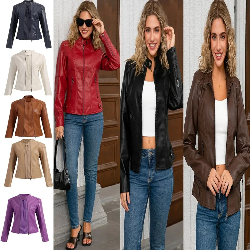 Giacche in pelle PU tinta unita da donna Tasche con cerniera slim fit Cappotto in pelle Elegante colletto alla coreana Bottoni Disegni Giacche da donna