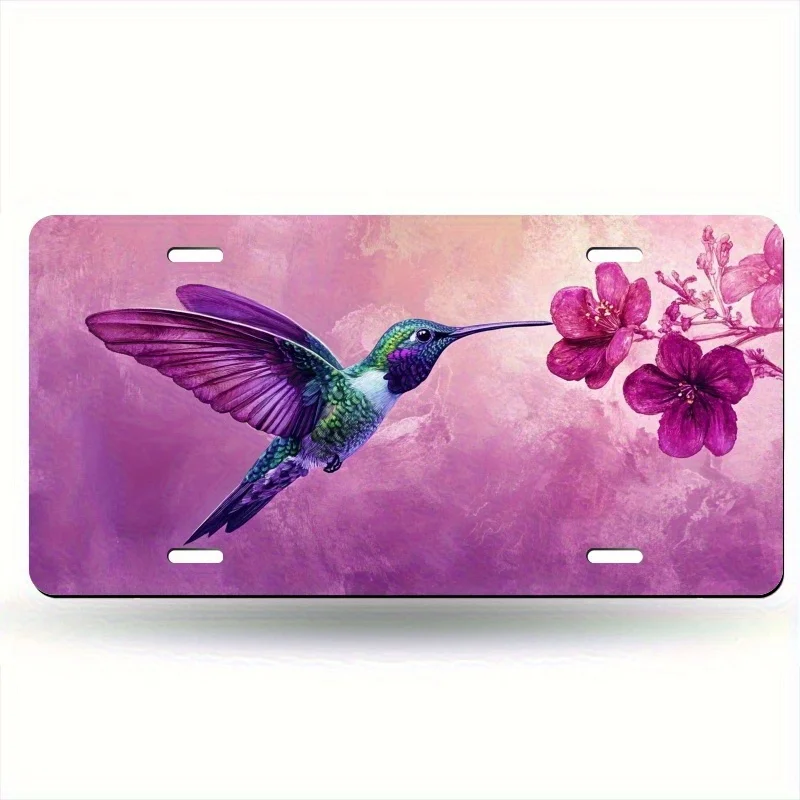 2D Flat - [Open ]2D Flat, Plaque - Green Hummingbird And Purple Floral Design, 15X30cm Universal Model, with 4-Hole Design