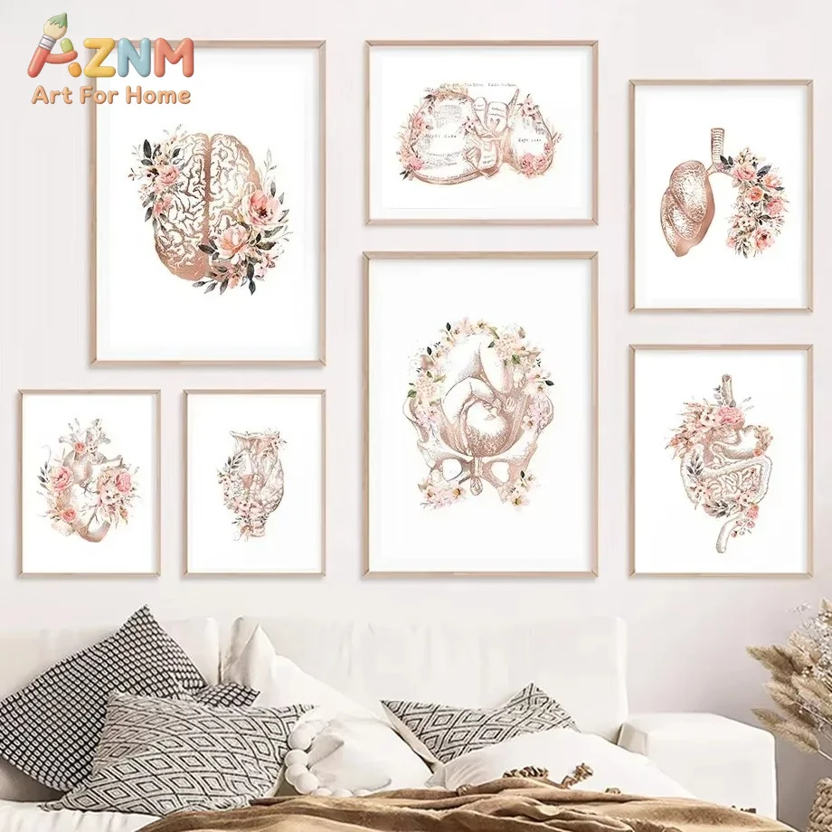 1PC Flower Anatomy Organ Skull Heart Brain Stomach Nordic Posters Wall Art Print Canvas Painting Medicine Pictures Doctor Room