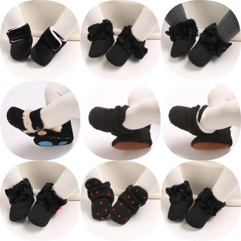 

Classic 0-18M Baby Autumn Winter Boots Baby Girl Boys Black Warm Shoes Solid Fashion Toddler Fuzzy Balls First Walkers Kid Shoes