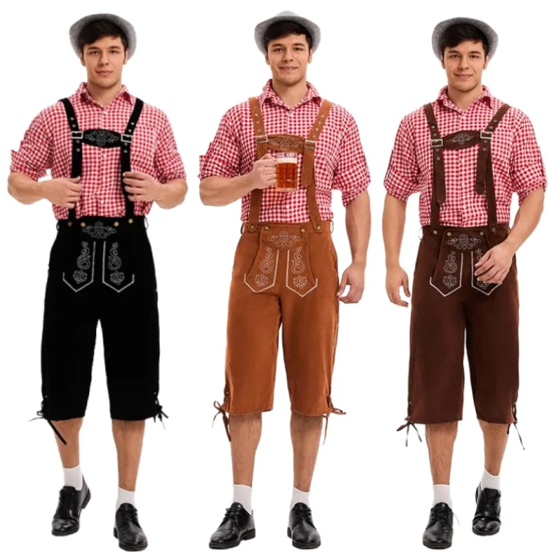 

Male German Oktoberfest Lederhosen Costume Short Sleeve Suspenders Rompers Shirt Hat Bavarian Beer Festival Men Cosplay Outfit