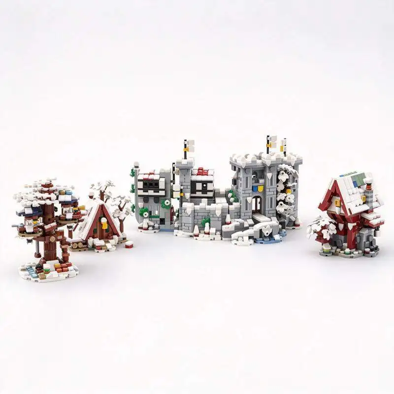 2187PCS Mini Winter Medieval Forest Collection Building Blocks Snowy Tree House Cabin Castle Model Custom DIY Assembly Gift