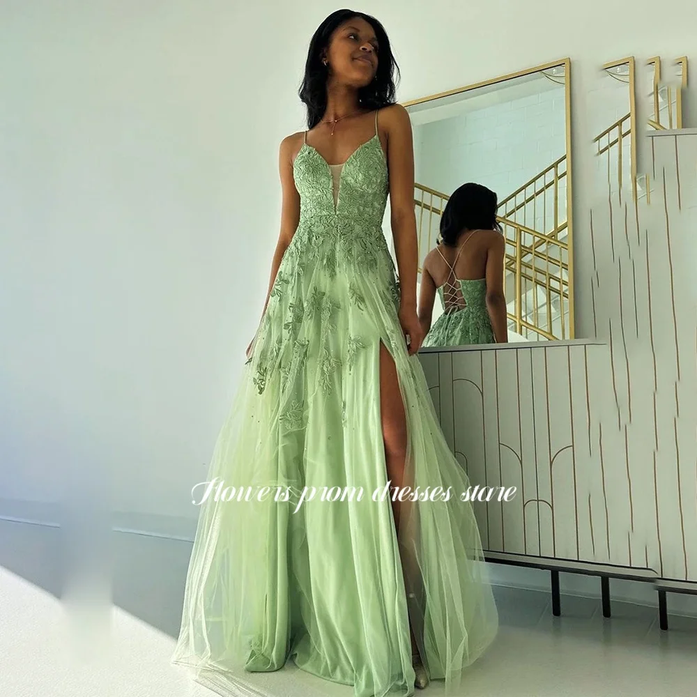 

Flowers A Line Evening Dress Applique Party Dress Straps vestidos de fiesta Lace Up Princess Prom Gowns Customized