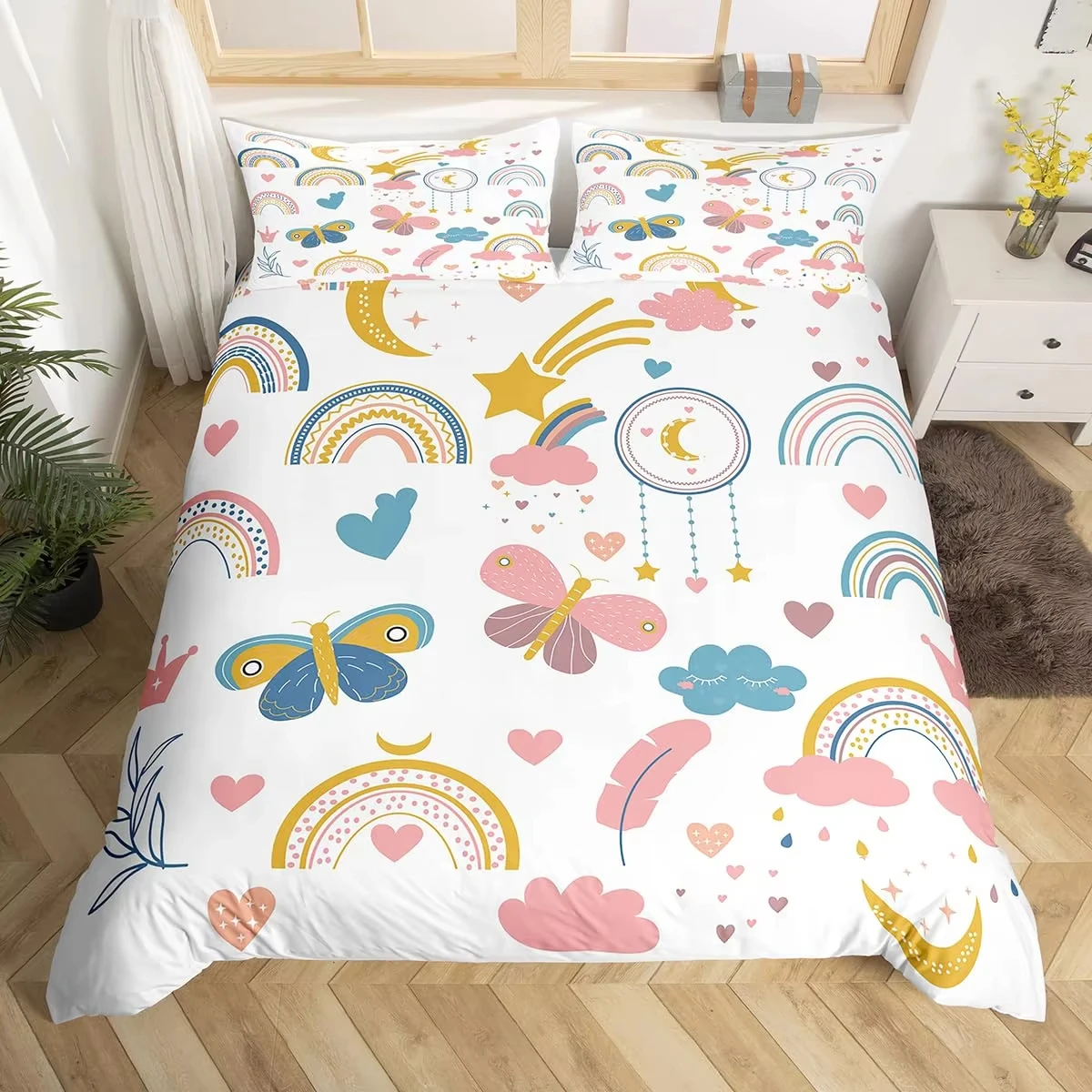 Kids Rainbow Full Queen Duvet Cover Pink Rainbow Floral Bedding Set Girly Kawaii Love Themed Comforter Cover with 2 Pillow Cases