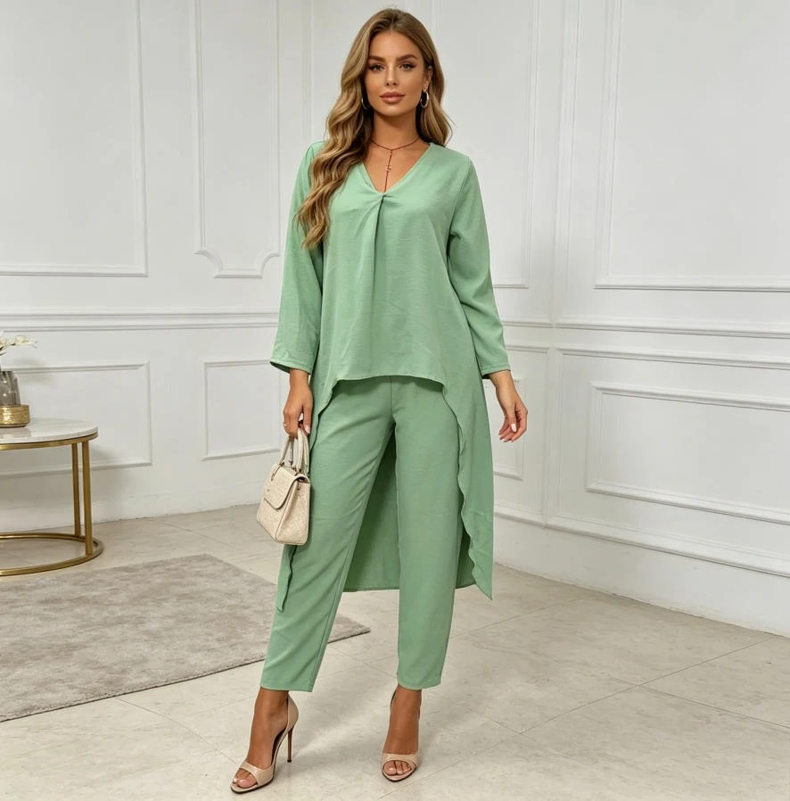 Pant Set Women Two Piece Sets Irregular Hem Full Sleeve V Neck Shirt Straight Long Pants Elastic Waist Y2k Casual Loose Spring