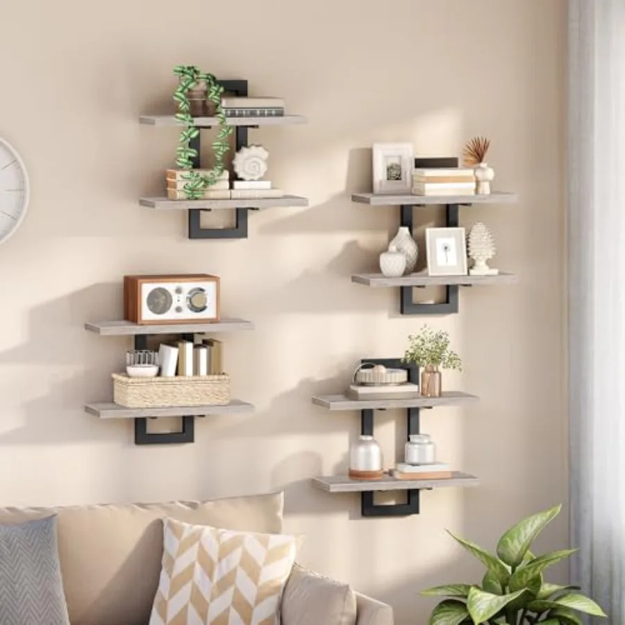 

Floating Shelves 15 Inch Wall Shelf Set of 4 Greige and Black MDF Wood Space-Saving Wall Mounted Storage for Living Room Bedroo