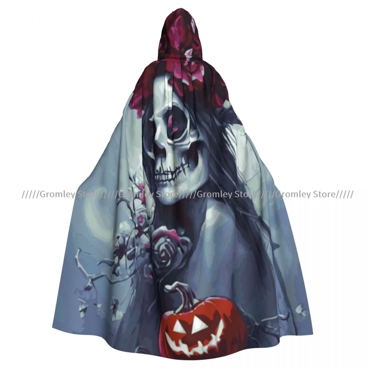 Unisex Halloween Cloak Gothic Skull Red Roses Peonies With Pumpkins Cape Hooded Medieval Costume Witch Wicca Vampire